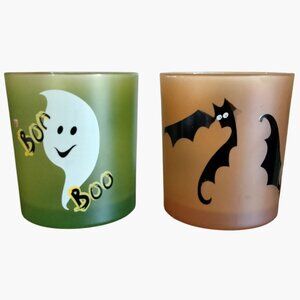 Halloween Candle Holders Set Boo Ghost Bat Green Orange Glass